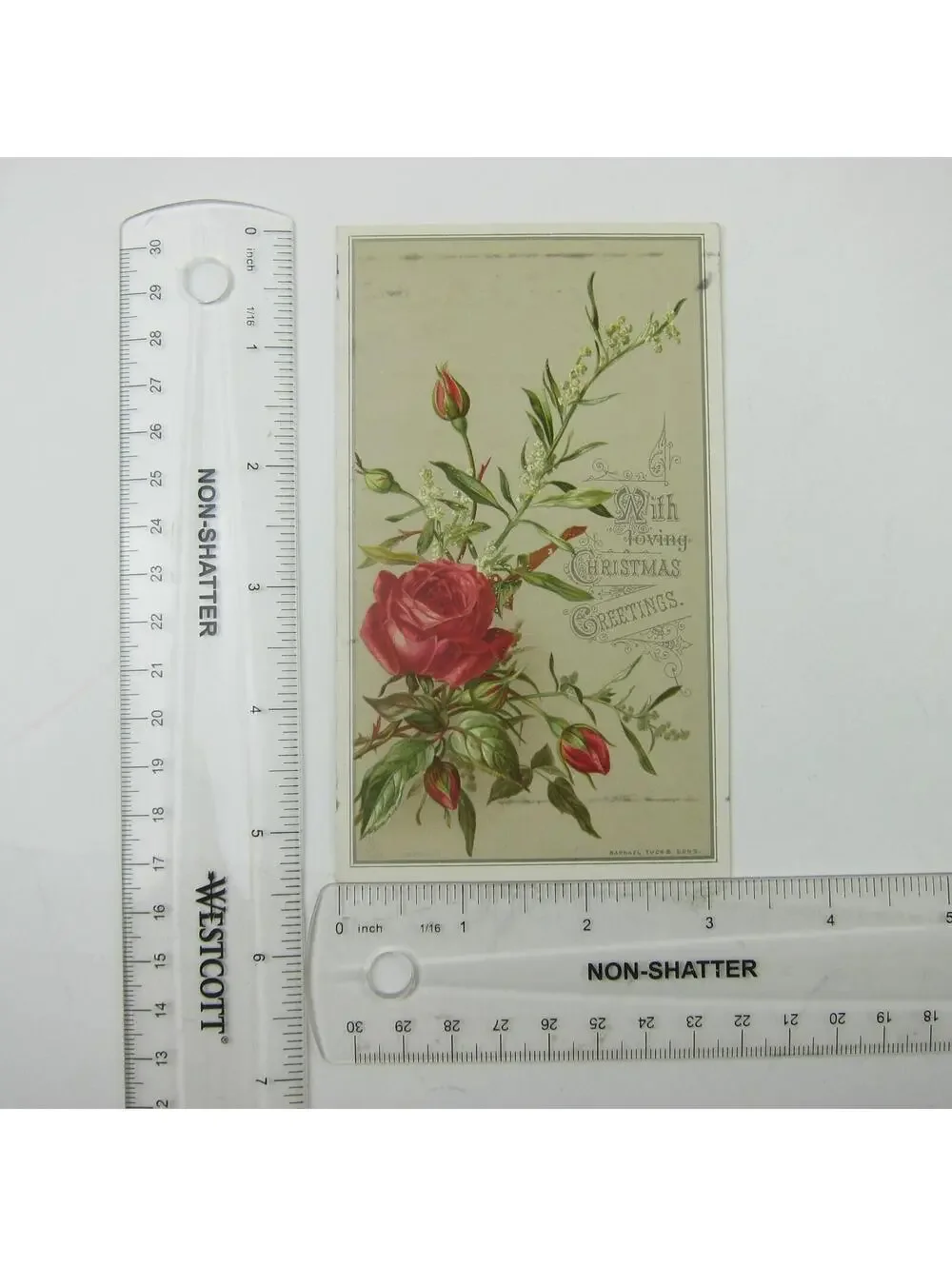 Victorian Christmas Card Raphael Tuck & Sons Red Roses White Flowers Antique
